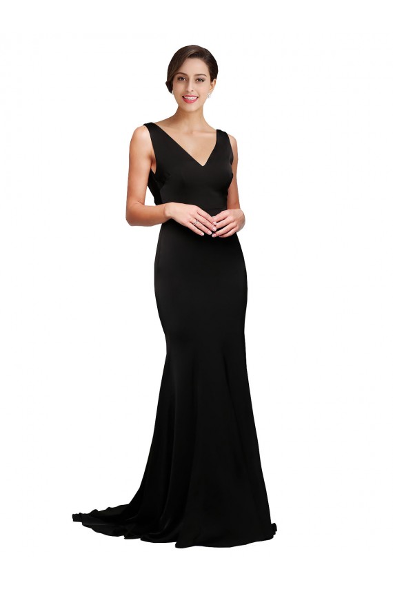 Silk like Satin V-Neck Low Back A-Line Black Sweep Train Prom Dress Canada Factory