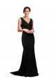 Silk like Satin V-Neck Low Back A-Line Black Sweep Train Prom Dress Canada Factory