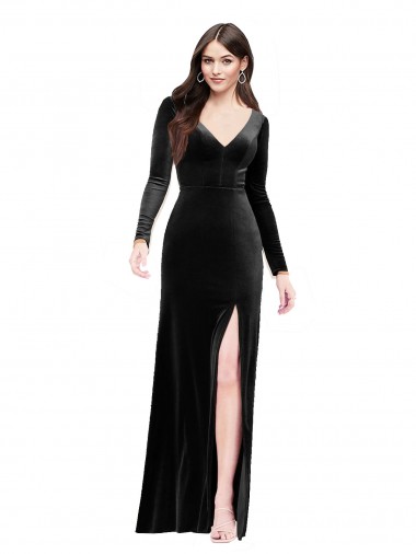 Stretch Velvet V-Neck V-Back Column Black Prom Dress Canada Factory