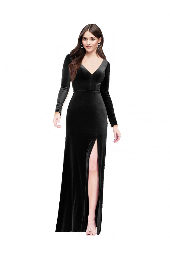 Stretch Velvet V-Neck V-Back Column Black Prom Dress Canada Factory