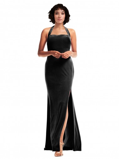 Stretch Velvet Halter Neck Low Back Mermaid Black Prom Dress Canada Factory