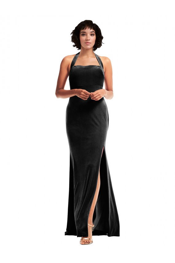 Stretch Velvet Halter Neck Low Back Mermaid Black Prom Dress Canada Factory