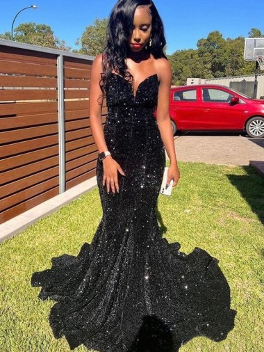 Velvet Sequin Sweetheart Mermaid Black Prom Dress Canada Factory