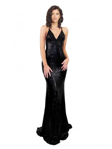 Sequin V-Neck Open Back Mermaid Black Black Tie Prom Dress Canada Factory