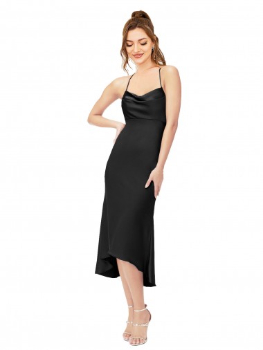Silky Satin Cowl Neck Open Back Sheath Black High Low Prom Dress Canada Factory
