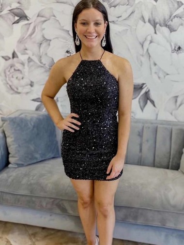 Velvet Sequin Halter Neck Sheath Black Prom Dress Canada Factory