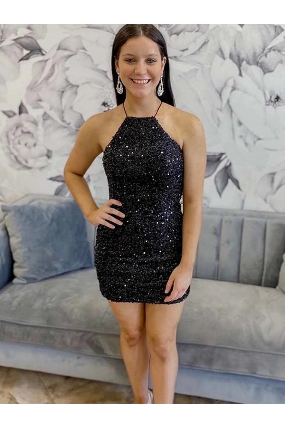 Velvet Sequin Halter Neck Sheath Black Prom Dress Canada Factory