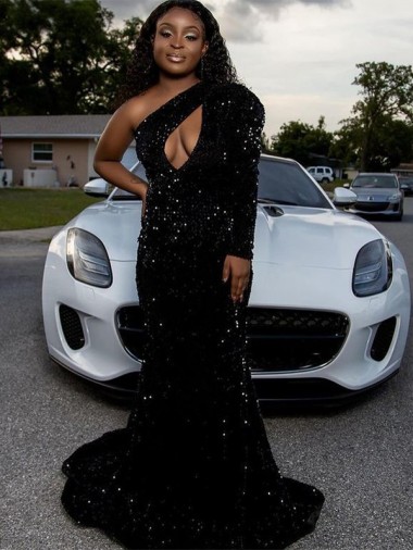 Velvet Sequin One Shoulder Sheath Black Sweep Train Prom Dress Canada Factory