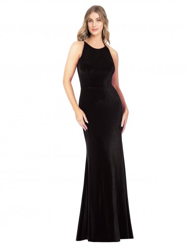 Stretch Velvet Jewel Neck Open Back Sheath Black Prom Dress Canada Factory