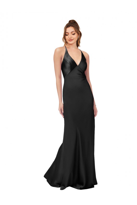 Silky Satin V-Neck Open Back Sheath Black Black Tie Prom Dress Canada Factory