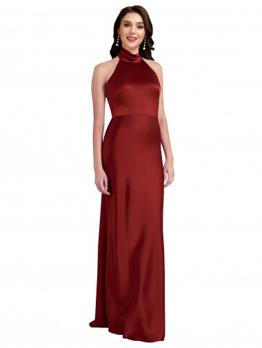 Stretch Satin Halter Neck Open Back A-Line Burgundy Black Tie Prom Dress Canada Factory
