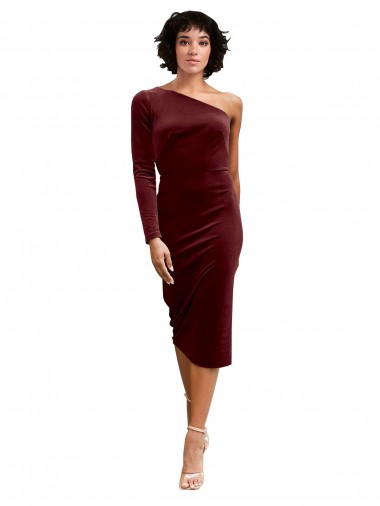 Stretch Velvet One Shoulder A-Line Burgundy Black Tie Prom Dress Canada Factory