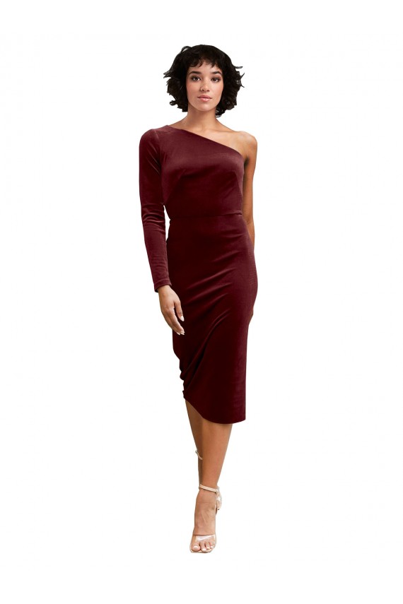 Stretch Velvet One Shoulder A-Line Burgundy Black Tie Prom Dress Canada Factory