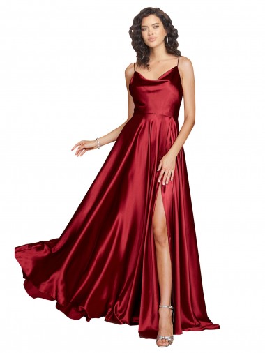 Silky Satin Cowl Neck Low Back A-Line Burgundy Black Tie Prom Dress Canada Factory