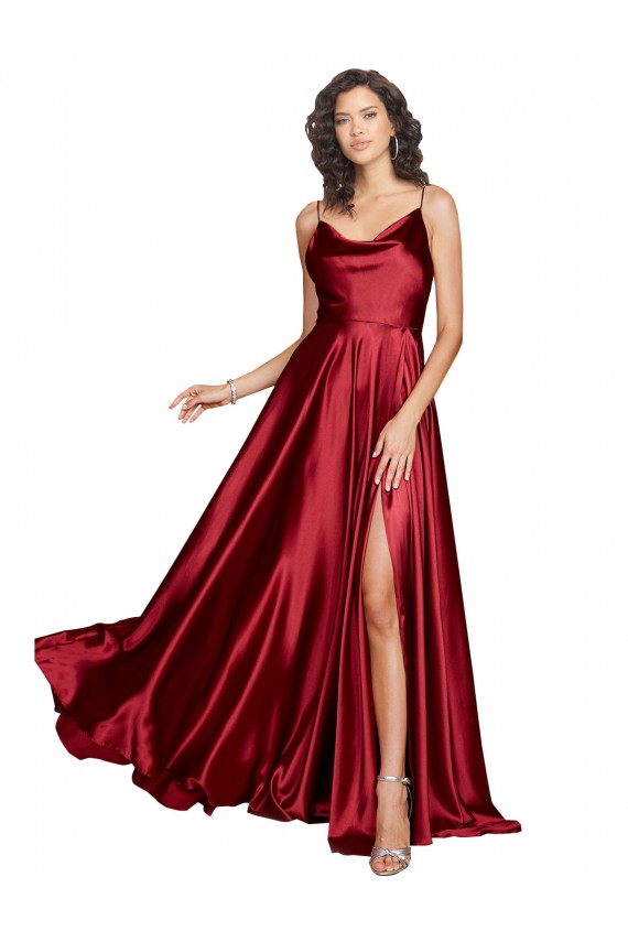 Silky Satin Cowl Neck Low Back A-Line Burgundy Black Tie Prom Dress Canada Factory