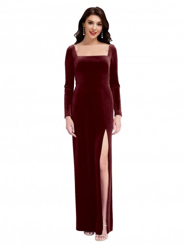 Stretch Velvet Square Neck Low Back A-Line Burgundy Prom Dress Canada Factory