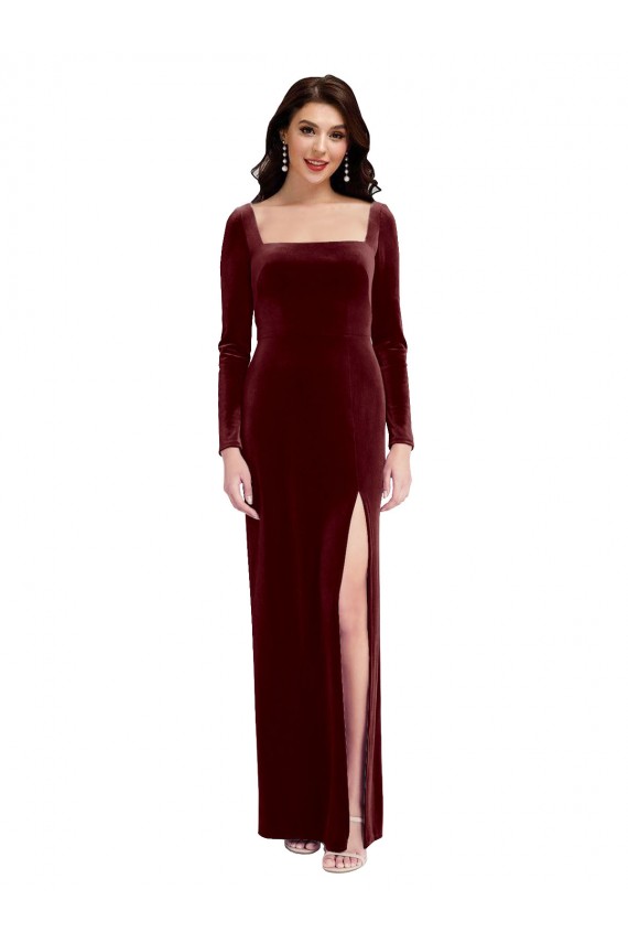 Stretch Velvet Square Neck Low Back A-Line Burgundy Prom Dress Canada Factory