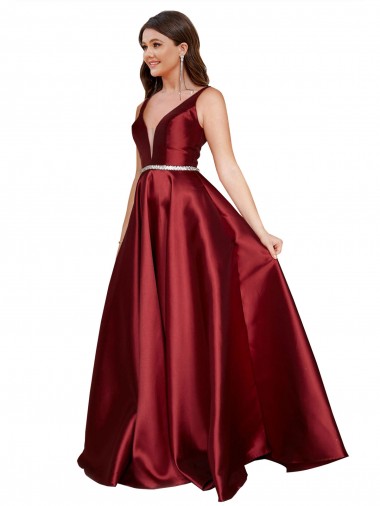 Satin V-Neck V-Back A-Line Burgundy Plus Size Formal Prom Dress Canada Factory