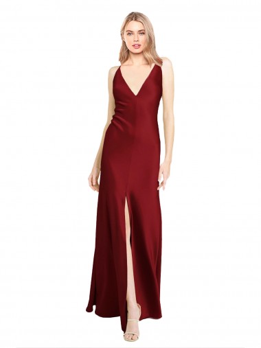 Stretch Satin V-Neck V-Back A-Line Burgundy Black Tie Prom Dress Canada Factory