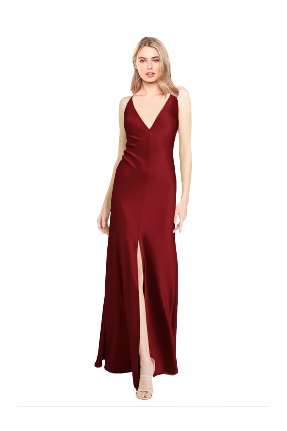 Stretch Satin V-Neck V-Back A-Line Burgundy Black Tie Prom Dress Canada Factory