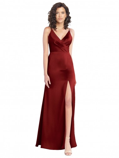 Stretch Satin V-Neck V-Back A-Line Burgundy Long Prom Dress Canada Factory