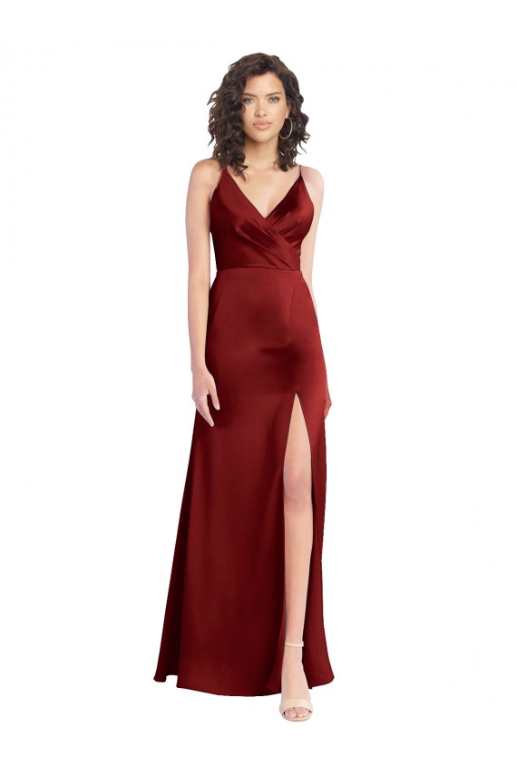 Stretch Satin V-Neck V-Back A-Line Burgundy Long Prom Dress Canada Factory