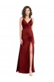 Stretch Satin V-Neck V-Back A-Line Burgundy Long Prom Dress Canada Factory