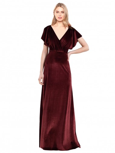 Stretch Velvet V-Neck Long A-Line Burgundy Prom Dress Canada Factory