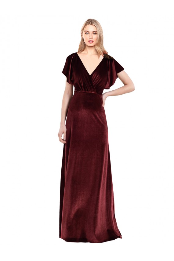 Stretch Velvet V-Neck Long A-Line Burgundy Prom Dress Canada Factory