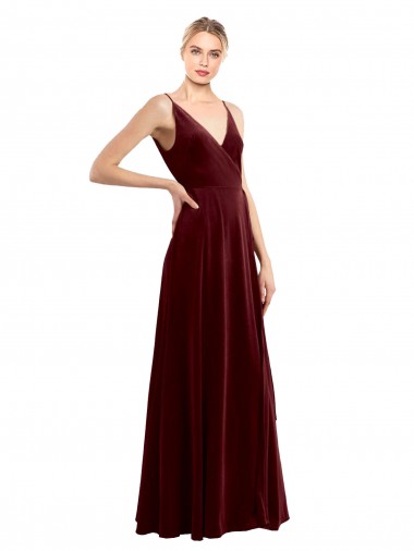 Stretch Velvet V-Neck V-Back A-Line Burgundy Prom Dress Canada Factory