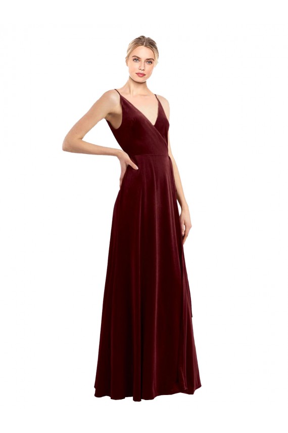 Stretch Velvet V-Neck V-Back A-Line Burgundy Prom Dress Canada Factory