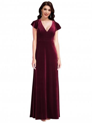 Stretch Velvet V-Neck A-Line Burgundy Prom Dress Canada Factory