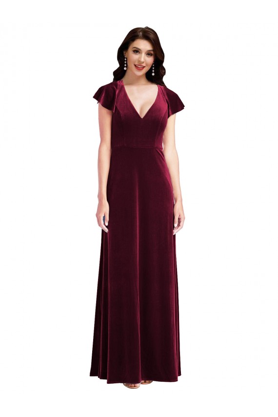 Stretch Velvet V-Neck A-Line Burgundy Prom Dress Canada Factory