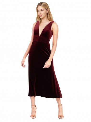 Stretch Velvet V-Neck V-Back A-Line Burgundy Midi Length Prom Dress Canada Factory