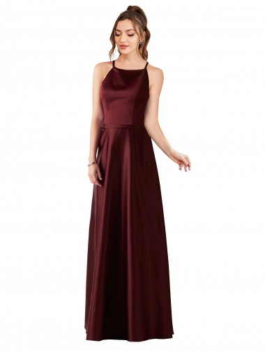 Satin Halter Neck A-Line Burgundy Gold Prom Dress Canada Factory