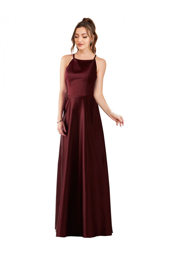 Satin Halter Neck A-Line Burgundy Gold Prom Dress Canada Factory