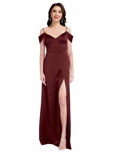 Stretch Satin V-Neck A-Line Burgundy Gold Long Prom Dress Canada Factory