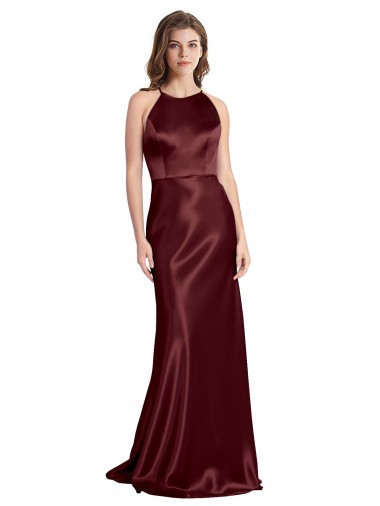 Stretch Satin V-Neck Sleeveless A-Line Burgundy Gold Long Prom Dress Canada Factory