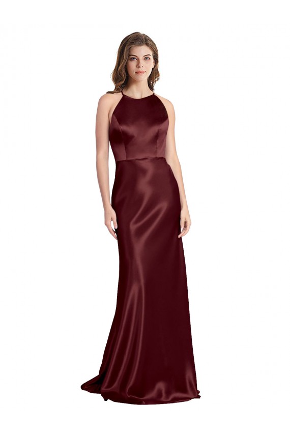 Stretch Satin V-Neck Sleeveless A-Line Burgundy Gold Long Prom Dress Canada Factory