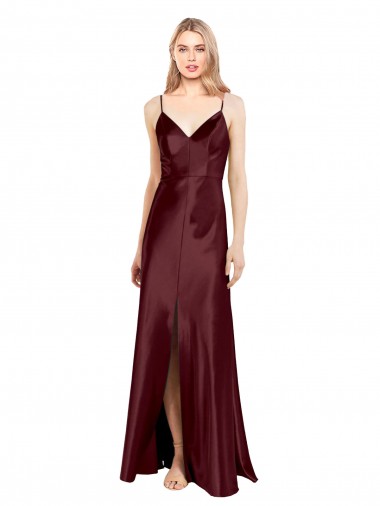 Stretch Satin V-Neck A-Line Burgundy Gold Prom Dress Canada Factory