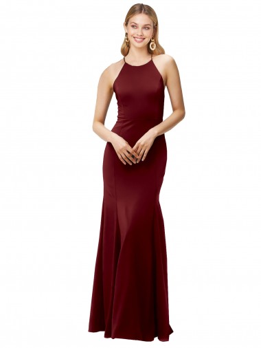 Stretch Crepe High Neck Open Back Mermaid Burgundy Gold Prom Dress Canada Factory
