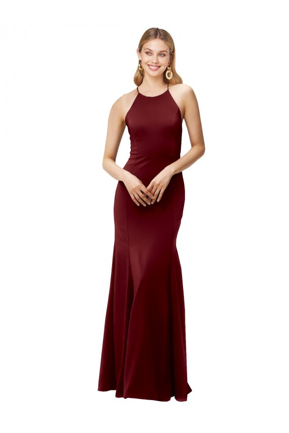 Stretch Crepe High Neck Open Back Mermaid Burgundy Gold Prom Dress Canada Factory