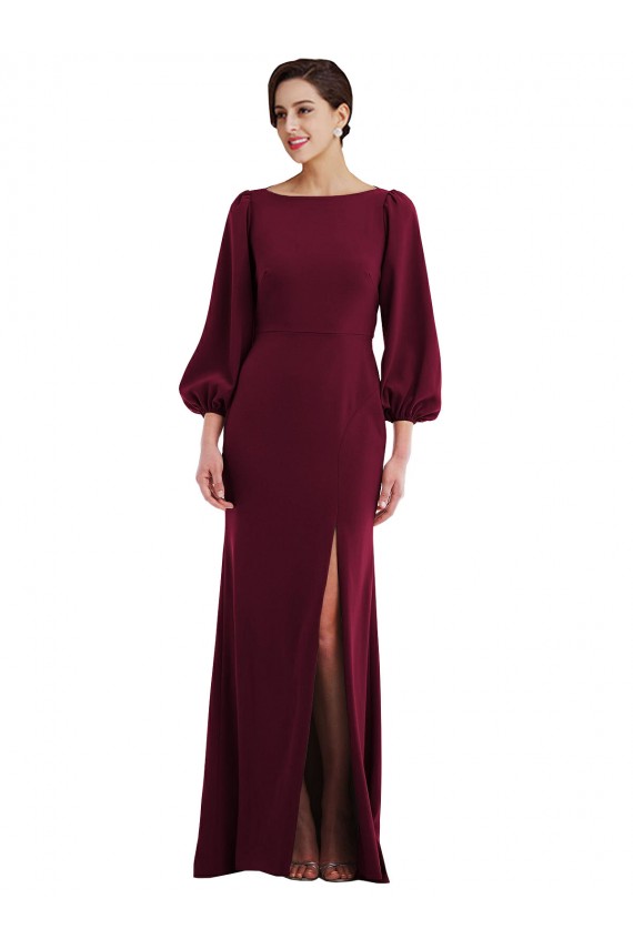 Stretch Crepe Bateau Neck Open Back Trumpet Burgundy Gold Long Prom Dress Canada Factory