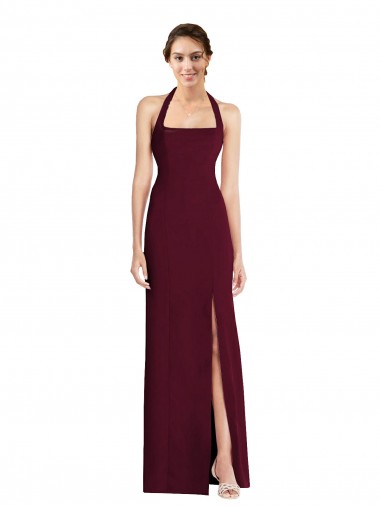 Stretch Crepe Halter Neck Open Back Trumpet Burgundy Gold Prom Dress Canada Factory