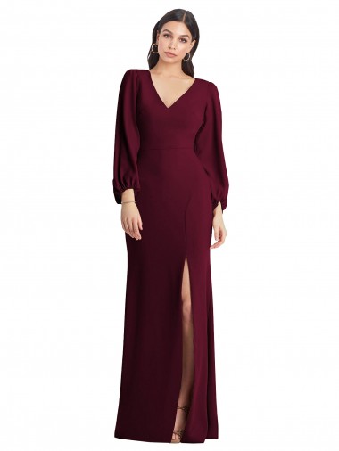 Stretch Crepe V-Neck Trumpet Burgundy Gold Prom Dress Canada Factory