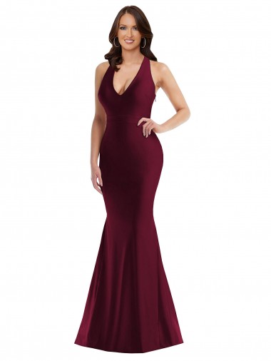 Silky Satin V-Neck Open Back Mermaid Burgundy Plus Size Formal Prom Dress Canada Factory