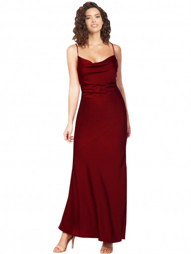Silky Satin Cowl Neck Low Back Sheath Burgundy Black Tie Prom Dress Canada Factory