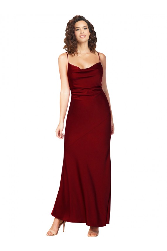 Silky Satin Cowl Neck Low Back Sheath Burgundy Black Tie Prom Dress Canada Factory