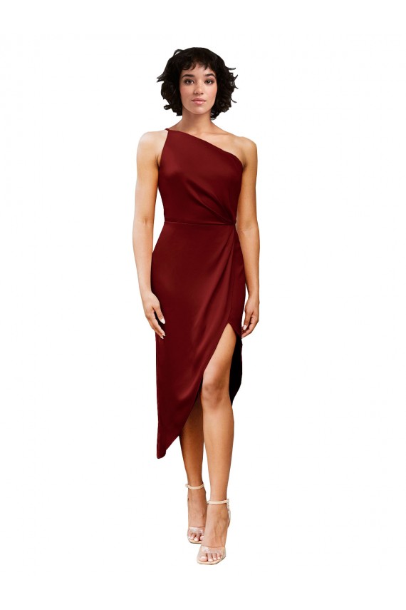 Stretch Satin One Shoulder Sheath Burgundy Black Tie Prom Dress Canada Factory