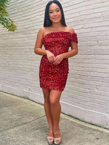 Velvet Sequin One Shoulder Sheath Burgundy Prom Dress Canada Factory